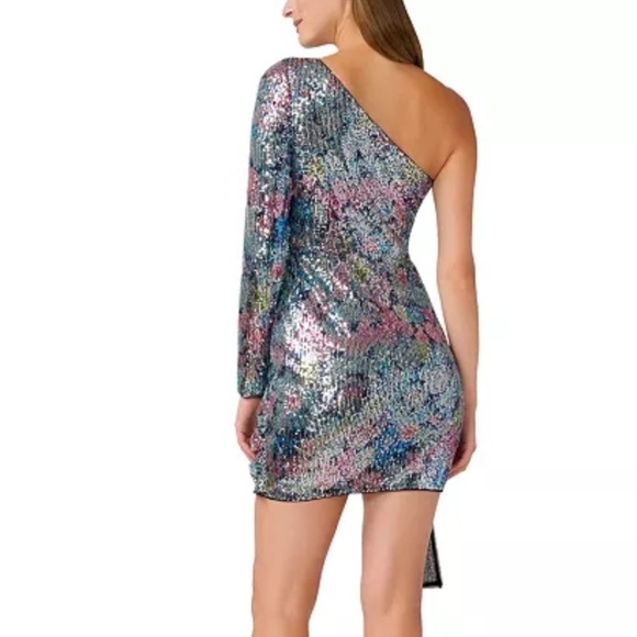 Aidan by Aidan Mattox Printed One-Shoulder Sequin Mini Dress Cocktail Sz 12 - Picture 8 of 8
